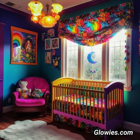 Trippy Nursery, Lisa Frank Nursery, Lisa Frank Inspired Room, Lisa Frank Room Decor, Jewel Tone Nursery Girl, Maximalist Baby Nursery, Unique Nursery Ideas Colorful, Nursery Ideas Bright, Lisa Frank Bedroom