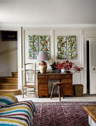 Desk Arrangement, Cornwall House, Pine Bookcase, Farrow & Ball, Moroccan Blankets, Cole And Son, Prince Charles, Farrow Ball, Black & White