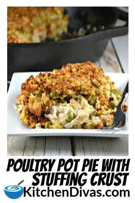 Chicken Pot Pie with Stuffing Crust is absolutely delicious!  A rotisserie or leftover chicken or turkey and a box or two of stuffing, or leftover stuffing, and you are almost ready to go!  #kitchendivas #easyleftoverturkey #easyleftoverchicken #thanksgivingleftverrecipe #chickenpie Chicken Pot Pie With Stuffing, Turkey Pot Pie Casserole, Stuffing Crust, Leftover Stuffing Recipes, Dinner Pie, Leftover Stuffing, Best Chicken Pot Pie, Chicken Pot Pie Casserole, Thanksgiving Leftover Recipes