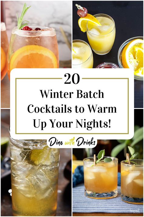 Collage of 4 winter batch cocktails. Big Batch Cocktails Winter, Batch Cocktails Winter, Winter Batch Cocktails, Party Cocktails Big Batch, Batch Cocktail Recipes, Winter Mocktails, Batch Cocktail Recipe, Hot Cocktails, Batch Cocktails