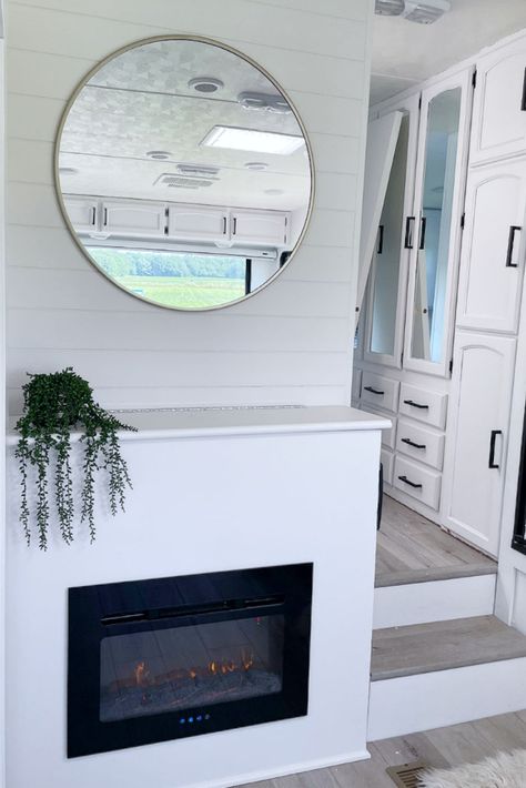 Diy Rv Fireplace, Electric Fireplace In Camper, Camper Fireplace Ideas, Rv Fireplace Ideas, Trailer Aesthetic, Rv Fireplace, Fireplace Install, Diy Electric Fireplace, Free Standing Electric Fireplace