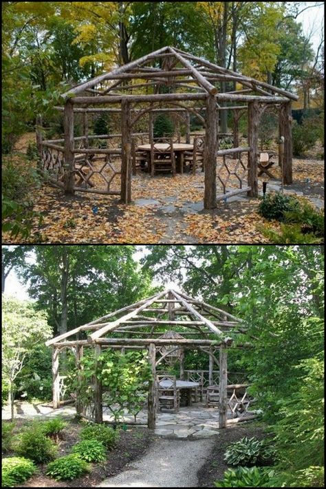 Gazebo In The Woods, Diy Garden Gazebo, Garden Inspiration Rustic, Rustic Gazebo Ideas Backyard, Wood Gazebo Ideas, Natural Gazebo, Rustic Outdoor Structures, Log Gazebo, Rustic Gazebo