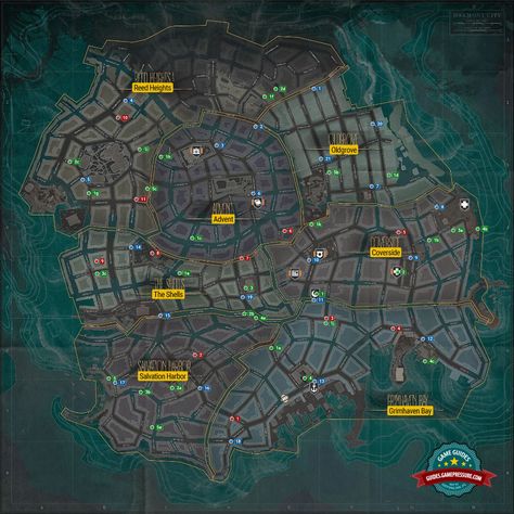 The Sinking City - World map Urban Mapping, Fantasy City Map, Travel Points, World Atlas, City Games, Cyberpunk City, D D Maps, Fantasy City, Place Names