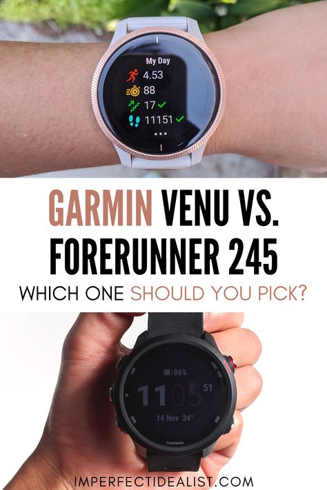 Here's an in-depth comparison of the Garmin Venu vs. Forerunner 245, plus advice on which one to pick. Written by a marathoner and GPS watch nerd! | best GPS watch running | Garmin Forerunner 245 music | Garmin Venu women | Garmin Venu rose gold Best Smart Watches For Men, Garmin Watch Men, Garmin Watch Aesthetic, Garmin Venu 2s, Garmin Venu 3s, Garmin Watch Woman, Garmin Venu 2 Plus, Garmin Forerunner 255, Garmin Inreach Mini