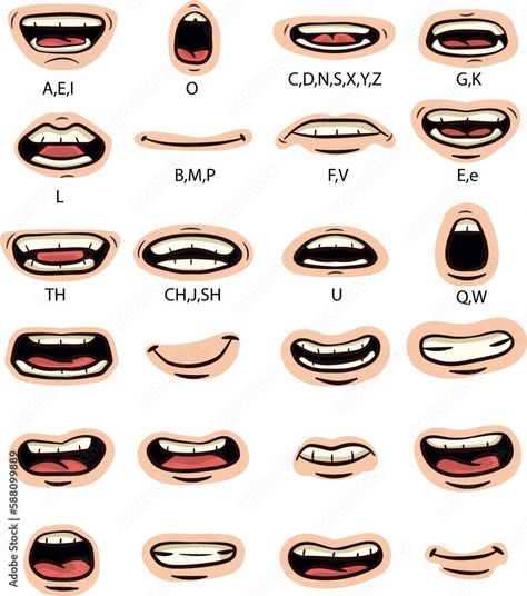 Lip sync character mouth animation.Mouth animation set. Lip sync, speaking mouth of cartoon character pronouncing sounds. Flat vector illustration for speaking articulation, English language studying Stock Vector | Adobe Stock Mouth Chart Character Design, Flat Cartoon Illustration, Mouth Lip Sync Reference, Mouth Speaking Drawing, Animation Mouth Chart, Cartoon Character Design References, Animation Mouth, Character Mouth, Mustache Drawing