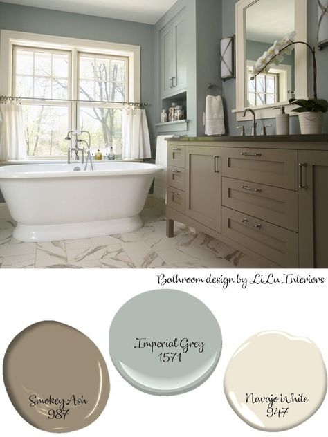 I actually like the sage tint to the gray. Actual color or just photograph?  Benjamin Moore paint colors Interior Paint Colors Schemes, Bathroom Color Schemes, Spa Like Bathroom, Bathroom Paint Colors, Paint Colors Benjamin Moore, Bathroom Decor Ideas Colors, Bathroom Color, Look Of The Day, Design Hotel