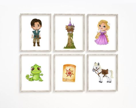 Six wooden framed pictures on a white wall. Each frame features an illustration from the Disney movie Tangled including Rapunzel, Flynn, Rapunzel’s Tower, Max the horse, Pascal the lizard and a paper lantern bearing the sun symbol used in the movie. Rapunzel Room, Disney Princess Nursery, Disney Themed Nursery, Star Wars Nursery, Disney Bedrooms, Nursery Illustration, Princess Nursery, Nursery Art Decor, Rapunzel Tangled