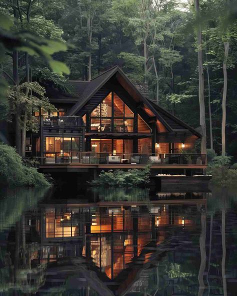 Creepy Lake House, Rustic Cabins In The Woods, Lake House Design, Rustic Cabin In The Woods, Cabin On The Lake, Large Glass Windows, Big Cabin, Lakefront Cottage, Large Cabin