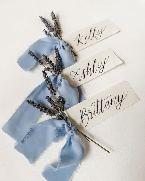 Krista Mancuso on Instagram: "Daydreaming of spring! These place cards needed a permanent spot on my feed! 🤍 #spring #springwedding #lavender #chiffon #chiffonribbon #whimsical #placecards #calligraphy #moderncalligraphy #obliquepen #springpalette #dustyblue #kristathescribe" Guest Place Cards Wedding, Wedding Table Names Cards, Table Settings Name Cards, Diy Table Cards Wedding, Bridal Shower Name Cards, Name Table Cards, Place Cards Diy, Wedding Name Tags Ideas, Spring Wedding Place Cards