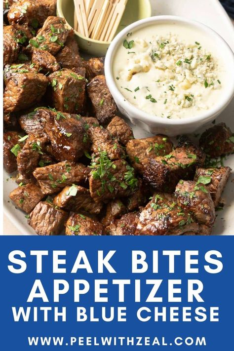 Steak Bites Appetizer with Blue Cheese Sauce These steak bites are a gourmet steak appetizer that comes together in just a few minutes. Bite-sized steak are seared until perfectly crispy and filled with flavor from the garlic butter sauce. Serve it with blue cheese sauce for the perfect bite! Blue Cheese Steak Crostini, Blue Cheese Steak Bites, Steak Bites Bowl, Blue Cheese For Steak, Blue Cheese Steak Topping, Steak Hors D’oeuvres, Steak Appetizers Appetizer Ideas, Steak Appetizers Easy, Cheese Sauce For Steak