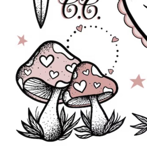 Heart Mushroom Drawing, Heart With Mushrooms Drawing, Mushroom Tattoo Flash Sheet, Mushroom Doodle Tattoo, Heart Shaped Mushroom Tattoo, Tattoo Flash Sheet Mushroom, Cartoon Mushroom, Sketches Of Love, Easy Doodle