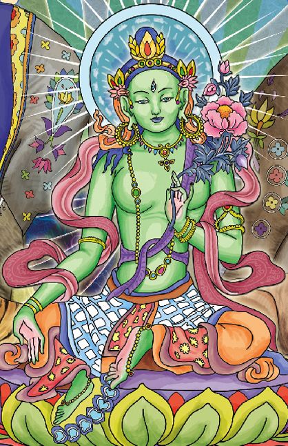 Tibetan Mandala Art, Green Tara Mantra, Tibetan Tattoo, Goddess Tara, Tara Goddess, White Tara, Kerala Mural Painting, Asian Tattoos, Stage Backdrop