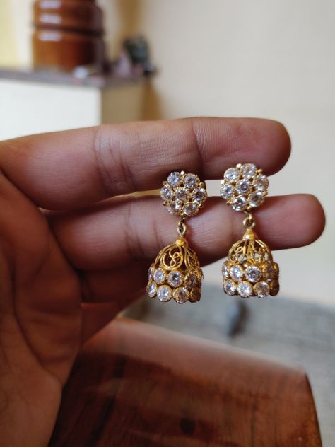 4grams Gold Earrings Buttalu, White Stone Earrings Jumkas, White Stone Jhumkas Gold, White Stone Buttalu Gold, Jimikki Kammal Gold Design, Stone Jhumkas Gold, White Stone Earrings Indian Gold, Jimikki Kammal Gold, Small Jhumki Earrings Gold