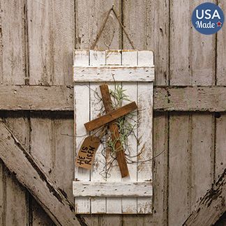 KP Creek Gifts - Rustic White Wood "He Is Risen" Shutter Old Shutters Repurposed, Heart Shutters, He Is Risen Craft, Spring Wood Decor, Painted Ironing Board, Crosses Diy, Wooden Cross Crafts, Rustic Wood Cross, Shutter Wall Decor