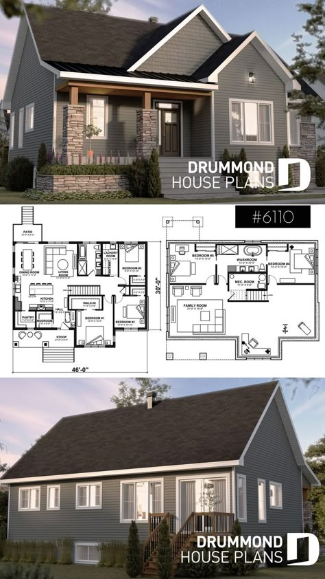 Country Ranch House, 3 Bedroom Home Floor Plans, Drummond House Plans, Three Bedroom House Plan, Country Ranch, Bedroom Basement, Basement House Plans, Sims 4 House Plans, House Plans 3 Bedroom