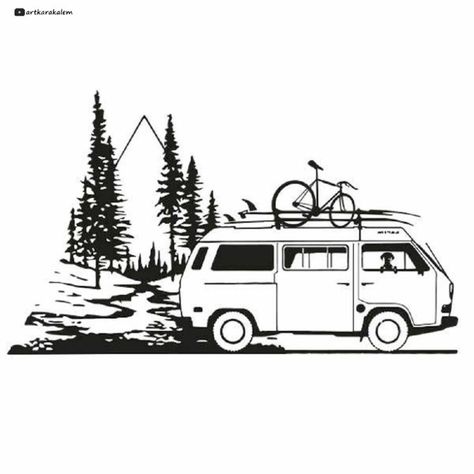 Van Drawing, Camping Tattoo, Luxury Campers, T3 Vw, Vw Art, Volkswagen Bus, Vw Van, Surf Art, Vintage Camper