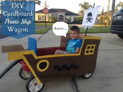 I kind of like the idea of putting the pirate ship on a wagon. You could sail a few kids on it, as well as put it away more easily. Pirate Ship Wagon, Wagon Floats, Wagon Halloween Costumes, Wagon Costume, Cardboard Pirate Ship, Homemade Pirate Costumes, Wagon Ideas, Kids Wagon, Twin Halloween