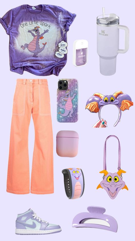 Disney’s Journey into imagination, figment themed outfit!! ￼💜🧡 Cute Disney Fits, May Your Dreams Come True, Clothes Shuffles, Epcot Outfit Ideas, Universal Outfits, Spring Break Vibes, Figment Disney, Epcot Outfit, Disney Girls Trip