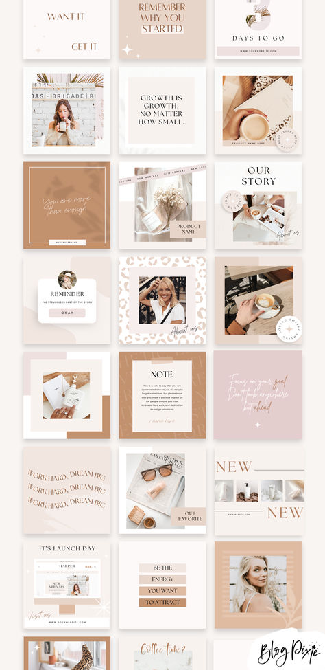 Instagram post templates in neutral beige and boho designs to edit in Canva Pink And Brown Instagram Feed, Insta Post Ideas Business, Vintage Instagram Template, Beige Aesthetic Instagram Post, Instagram Post Template Design Ideas, Beige Feed Instagram, Feed De Instagram Ideas Negocios, Boho Instagram Feed, Neutral Instagram Feed