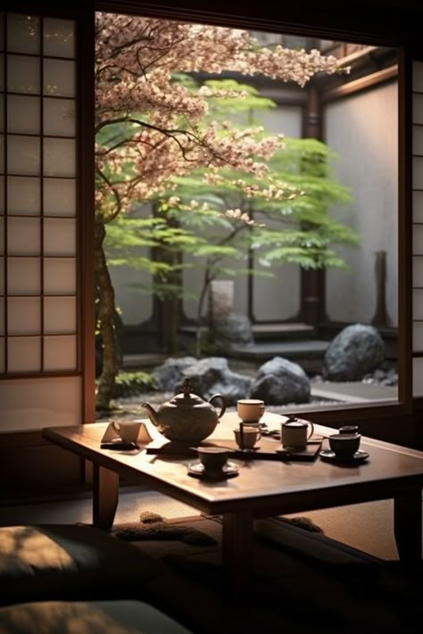 Zen Tea Room Design, Tea Aesthetic Japanese, Japanese Tea House Aesthetic, Japanese Tea Ceremony Aesthetic, Teahouse Aesthetic, Japanese Tea Aesthetic, Shinto Aesthetic, Tea House Aesthetic, Zen Garden Aesthetic