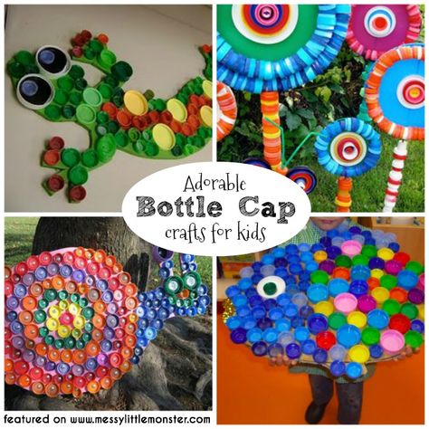 Giant bottle cap crafts for kids. A collection of fun bottle top ideas for toddlers, preschoolers and older kids to make from bottle tops. Water Bottle Cap Crafts, Bottle Cap Crafts For Kids, Plastic Bottle Cap Crafts, Recycled Crafts Kids Projects, Bottle Top Art, Diy Bottle Cap Crafts, Bottle Top Crafts, Bottle Cap Projects, Recycled Paper Crafts