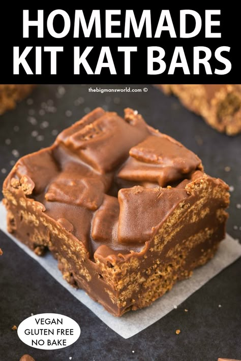 Homemade Kit Kat Bars (Vegan, Gluten Free, Refined Sugar Free)- Easy and delicious homemade healthy kit kat bars made with 5 ingredients! No baking, no dairy and completely refined sugar free! A delicious 5 minute recipe! Kitkat Bars, Homemade Bars, Healthier Baking, Kit Kat Bars, Crunch Bar, Gf Desserts, Ketogenic Lifestyle, Sugar Free Desserts, Bars Recipe