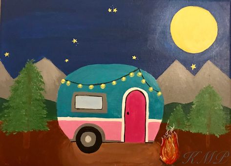 Vintage Camper Art Canvases, Vintage Camper Art, Acrylic Paint Canvas, Camper Art, Paint Canvas, Paint Night, Pink Acrylic, Night Photos, Night Painting