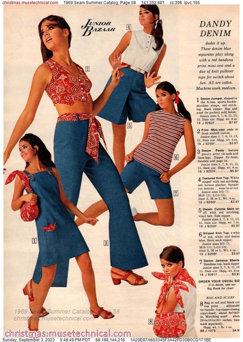 1969 Sears Summer Catalog, Page 58 - Catalogs & Wishbooks 60s Women Fashion, 60s Summer Fashion, 1970s Summer Fashion, 60s Denim, Flamboyant Fashion, Colleen Corby, 1969 Fashion, 60s Women, Moda Hippie