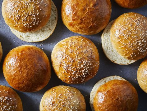 Buttery Brioche Hamburger Buns Recipe  | Food & Wine Brioche Hamburger Buns, Hamburger Buns Recipe, Summer Burgers, Hamburger Bun Recipe, Homemade Hamburger Buns, Homemade Brioche, Homemade Buns, Brioche Recipe, Homemade Hamburger