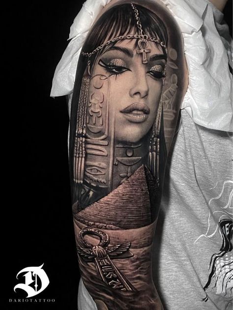 Cleopatra Pyramid and Ankh tattoo Cleopatra Tattoo Design, Tattoo Cleopatra, Egyptian Goddess Tattoo, Egyptian Queen Tattoos, Hieroglyphics Tattoo, Cleopatra Tattoo, Egyptian Cat Tattoos, Egyptian Tattoo Sleeve, Famous Tattoo Artists