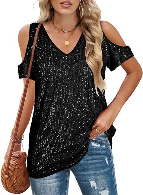 Sequin Tops for Women A_Black Medium at Amazon Women’s Clothing store Puff Sleeves Tops, Sparkly Shirt, V Neck Blouses, Batwing Sleeve Shirt, Summer Tee Shirts, Glitter Shorts, Black Sequin Top, Tops For Women Casual, Cold Shoulder Shirt