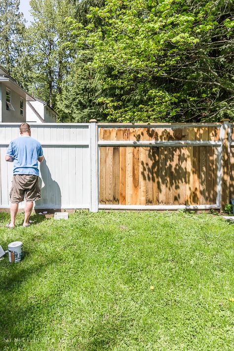 Painted Wood Fence, Solid Stain Colors, Solid Stain, Fence Stain, White Fence, Old Fences, Fence Paint, Backyard Fences, Fence Gate