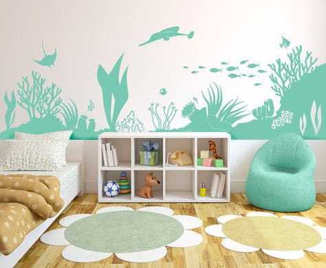 Under the Sea Coral Reef Sealife Scene - Vinyl Wall Art Decal for Homes, Offices, Kids Rooms, Nurseries, Schools, High Schools, Colleges, Universities | Dana Decals Hawaii Bathroom, Shark Room, Ocean Habitat, Mermaid Bedroom, Animal Wall Decals, Vinyl Wall Art Decals, Sea Coral, High Schools, Vinyl Wall Art