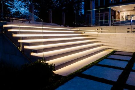 Sleek Glass Walls Open Modern Patio, Pool to the Ocean | HGTV's Ultimate Outdoor Awards | HGTV Luxury Stairs, Outdoor Gathering Space, Flooring For Stairs, Stair Lights, Outdoor Sitting Area, Concrete Stairs, Outdoor Steps, Cove Lighting, Outdoor Stairs