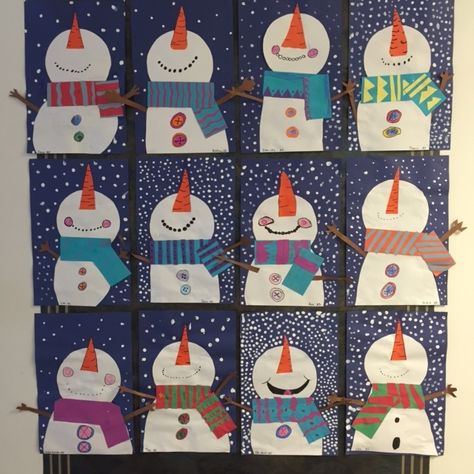 Third Grade: Snowmen Looking Up - SWITZER ELEMENTARY ART GALLERY Snowmen Art, Looking To The Sky, 1st Grade Crafts, Third Grade Art, January Art, Snowman Art, Christmas Art Projects, Kindergarten Art Projects, Winter Art Projects