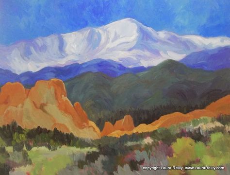 Pikes Peak and Garden of the Gods. Painting by Laura Reilly. Laura Reilly, Gods Painting, Colorado Artwork, Dragon Eye Drawing, Colorado Painting, Painting Journal, Contemporary Landscape Artists, Mountain Artwork, Colorado Artists