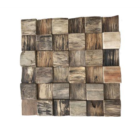 11 7/8 inchw x 11 7/8 inchh x 1/2 inchp Reclaimed Boat Wood Mosaic Wall Tile, Natural Finish Wood Wall Tiles, Rustic Tile, Wood Accent Wall, Into The Wood, Wood Mosaic, Mosaic Wall Tiles, Wood Look Tile, Decorative Wall Panels, Wood Panels