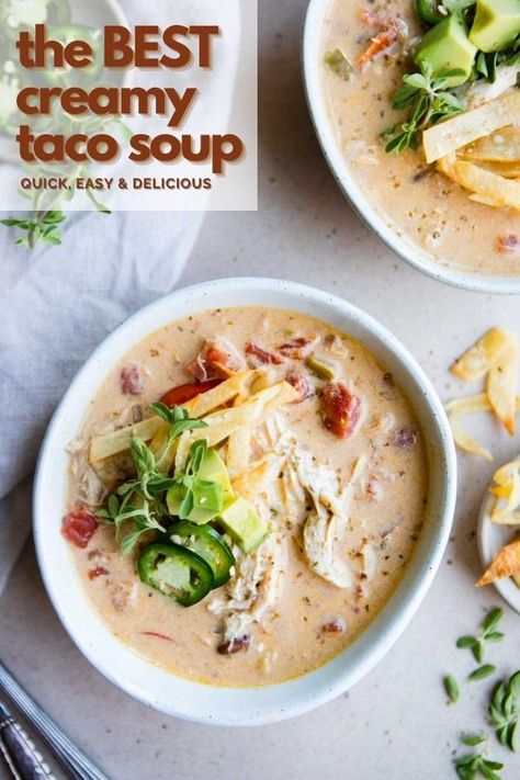 The Best Homemade Creamy Taco Soup Taco Soup With Chicken, Creamy Taco Soup Recipe, Creamy Taco Soup, Soup With Chicken, Homemade Taco Seasoning Recipe, Healthy Chicken Recipes Easy, Taco Soup Recipe, Chicken Taco Soup, Perfect Chicken