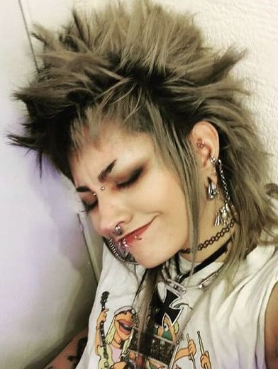 Punk Color Hair, Shoulder Length Punk Hairstyles, Punk Rock Hairstyle, Fluffy Mohawk Punk, Liberty Spikes With Bangs, Spikey Punk Hair, Pop Punk Hairstyles, Curly Deathhawk, Deathhawk Long