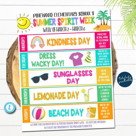 "This cute and fun daily/weekly Summer spirit week itinerary calendar is a great way for kids to show their positive cheer during the summer season! You can print and send home with families and/or upload digitally to send out to families/students. WANT THE BUNDLED SET OF ALL 10 HOLIDAY/SEASONAL SPIRIT WEEK TEMPLATES? FIND IT HERE: https://www.etsy.com/listing/1514818447/school-spirit-week-bundle-set-seasonal?click_key=16c9a6bd95f1b74d7898af7b6fca5ba5bc6f6cc4%3A1514818447&click_sum=ed9f59a1&ref= Spirit Week Ideas Daycare, Kindness Spirit Week, Spirit Week Ideas Preschool, Spirit Week Kindergarten, Summer Spirit Week Ideas, Summer Theme Weeks For Kids, Kids Summer Theme Weeks, Spirit Week Ideas For Workplace, Theme Weeks For Summer Camp