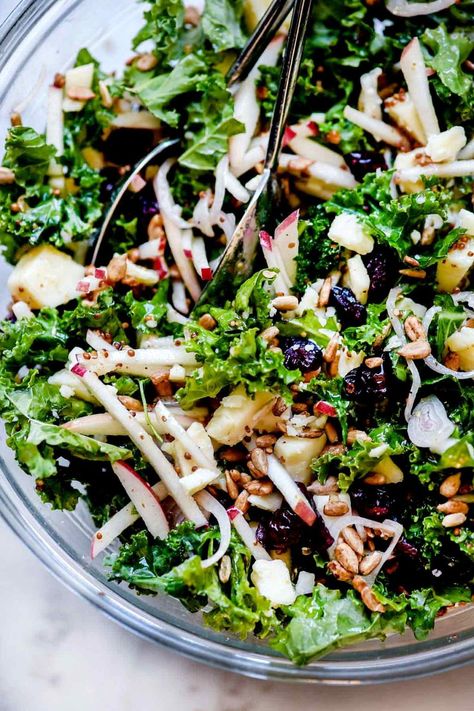 Kale Salad with Cranberries, Apple and Cheddar Cheese - foodiecrush .com Easy Fast Healthy Dinner Recipes, Dream Salad, Foodiecrush Recipes, Veg Salads, Apple And Cheddar, Kale Salads, Stomach Rumbling, Salad With Cranberries, Salad Recipes Healthy Lunch