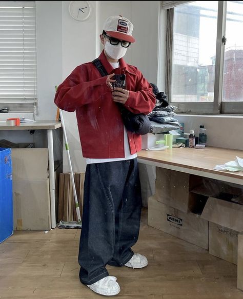 Red Men Outfit, Red Outfits Men, Street Wear Male, Mha Dr, Hoodie Outfit Men, Outfits Men Streetwear, Red Street, Street Wear Outfits, Outfits Baggy