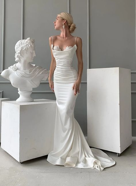 Wedding Gown Bodycon, Bodycon Mermaid Wedding Dress, Satin Dress Mermaid, Satin Slim Wedding Dress, White Satin Mermaid Wedding Dress, Satin Wedding Dress Button Back, Backless Reception Dress, Satin Bodycon Wedding Dress, Simple Bodycon Wedding Dress