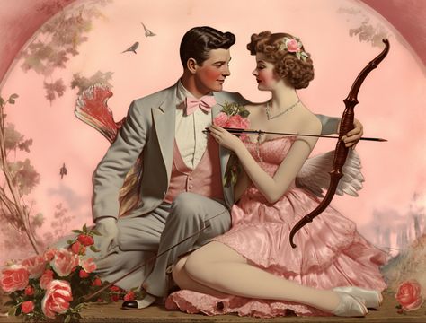 Vintage Lovecore Aesthetic, Valentine’s Day References, 50s Valentines Aesthetic, Date Poses Drawing, Valentines Day Aesthetic Art, Oc Valentines Day, Valentine Day Pose Reference, Vintage Love Illustration, Valentines Art Poses