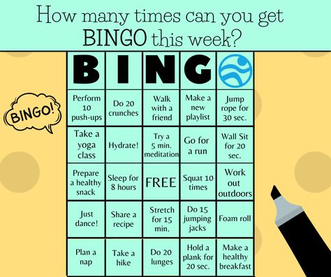 Weekly Bingo Fitness Bingo Challenge, Fitness Bingo, Fun Fitness Games, Health Games, Bingo Ideas, Work Wellness, Employee Wellness Programs, School Wellness, Free Printable Bingo Cards