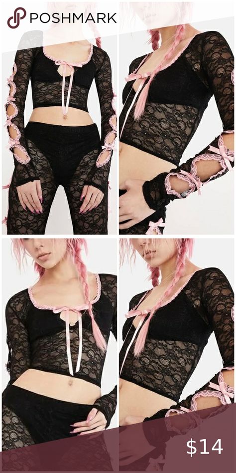 NWT Current Mood Lace Long Sleeve Keyhole Cutout CropTop Goth Festival Honeymoon Goth Honeymoon, Goth Festival, Cutout Crop Top, Lace Long Sleeve, Current Mood, Pink Lace, Long Sleeve Lace, Lace Trim, Crop Tops