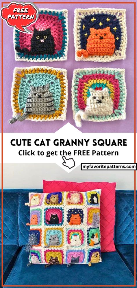 Create your own adorable crochet cat square! Easy, fun, and customizable for all ages. Start crafting today! Crochet Cat Pillow Pattern Free Easy, Cat Granny Square Crochet Free Pattern, Crochet Cat Pillow Pattern Free, Crochet Cat Granny Square, Cat Granny Square Crochet, Cat Granny Square, Cat Pillow Pattern, Crocheted Stuff, Cat Crochet