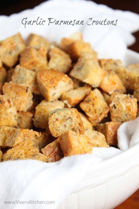 Garlic Parmesan Croutons - Vixen's Kitchen Recipes With Old Bread, Parmesan Croutons, Baguette Bread, Garlic Parmesan, Croutons, Grated Parmesan Cheese, Recipe Ideas, Food Hacks, Small Bowls