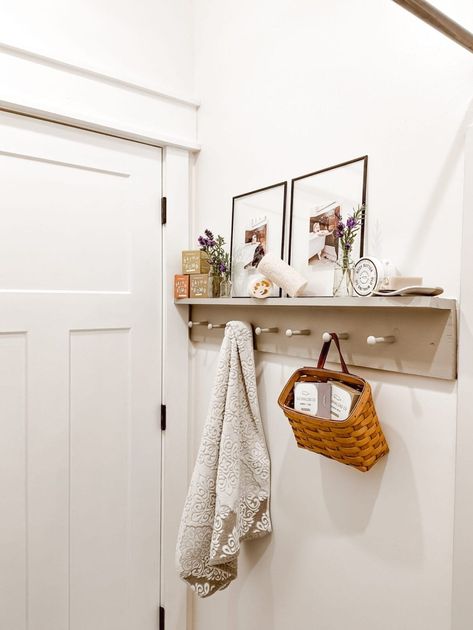 Looking for wall hook ideas for your home? Why not try a peg rail shelf! Add character and utilitarian storage to your bathroom, entryway, or laundry room with a DIY shaker style peg hook shelf. Read this post for a step by step guide on how to build a peg rail shelf in your home, inspiration pics of the peg rail in our bathroom, sources, paint colors, and more! Wall Hook Ideas, Diy Bathroom Hooks, Peg Rail Shelf, Shaker Peg Rail, Rail Shelf, Hook Ideas, Hook Shelf, Peg Wall, Peg Rail