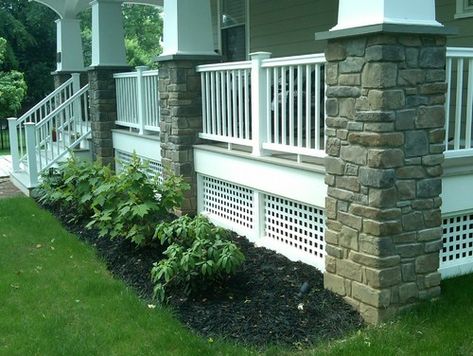 Porch Skirting Options - Paint, Lattice or Stone? - Addicted 2 Decorating® Porch Lattice, Lattice Deck, Front Porch Design Ideas, House Skirting, Front Porch Columns, Front Porch Railings, Deck Skirting, Traditional Porch, Porch Columns